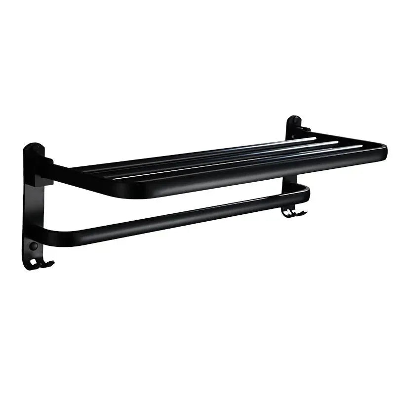 Aluminium bathroom folding shelf with double-layer design, shown in extended and folded positions