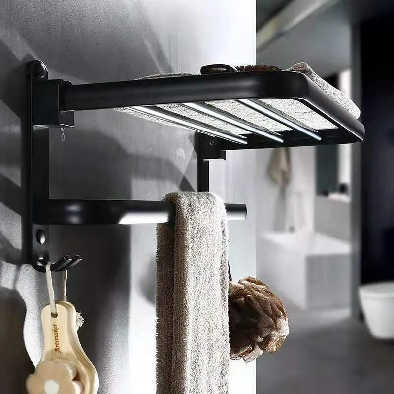 Aluminium bathroom folding shelf with double-layer design, shown in extended and folded positions