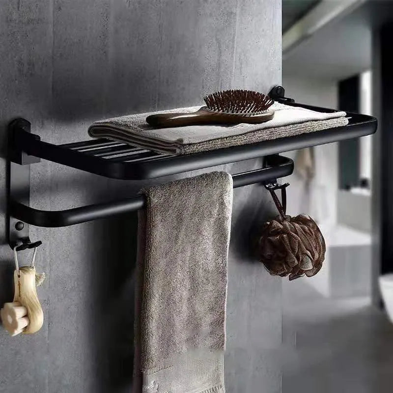 Aluminium bathroom folding shelf with double-layer design, shown in extended and folded positions