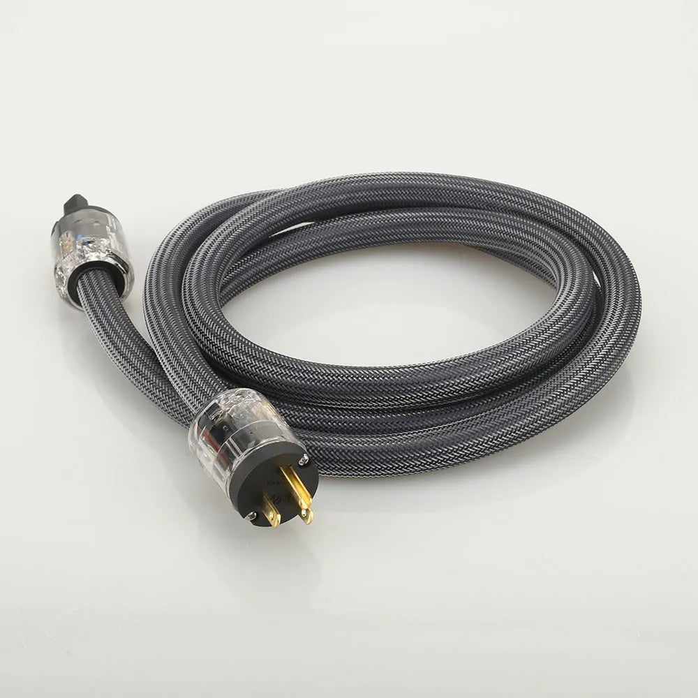 Hifi audio power cable with pure copper conductors showing EU and US plug options