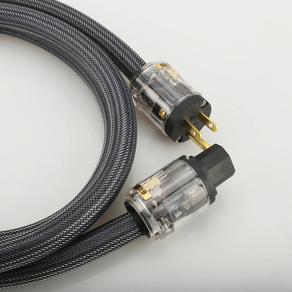 Hifi audio power cable with pure copper conductors showing EU and US plug options