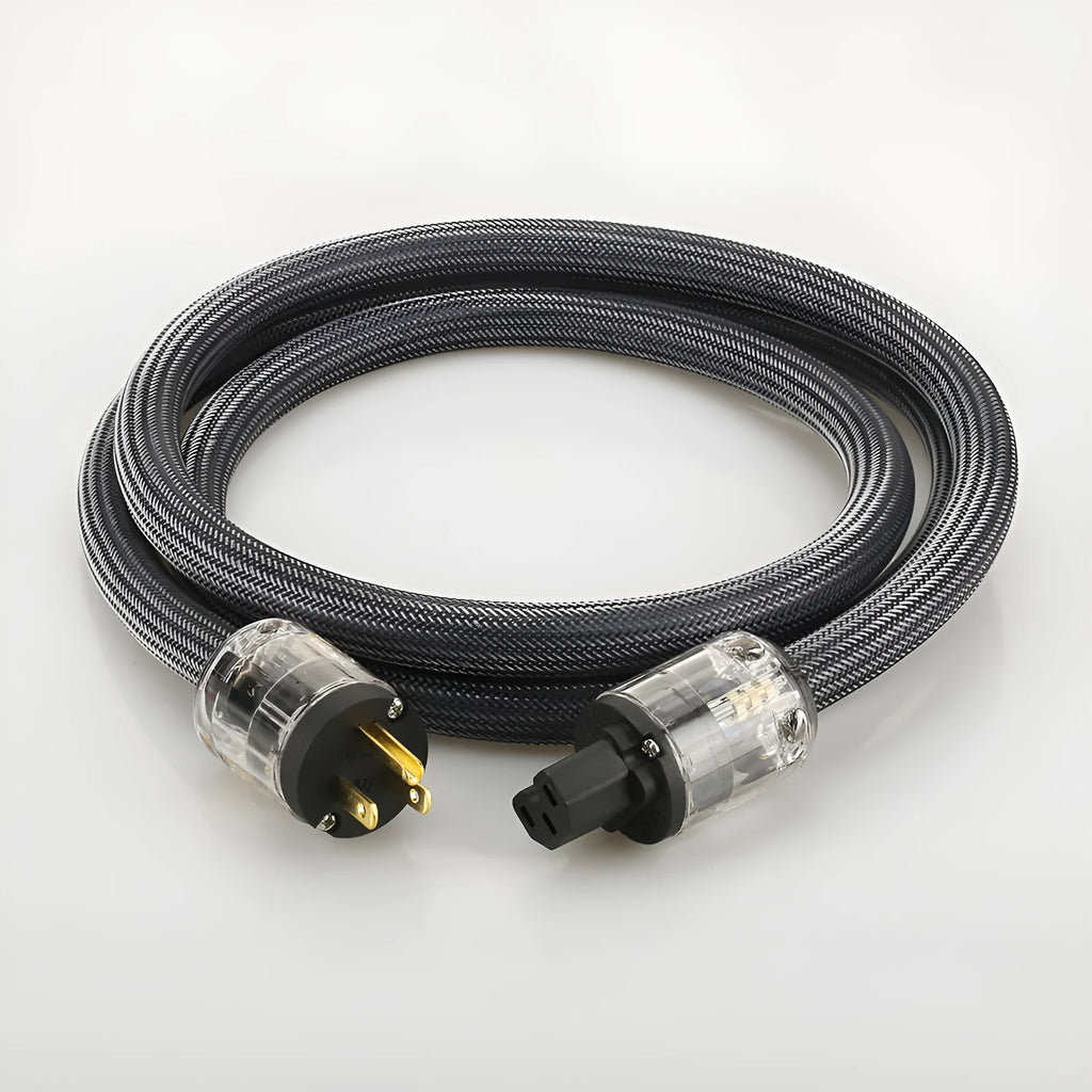 Hifi audio power cable with pure copper conductors showing EU and US plug options