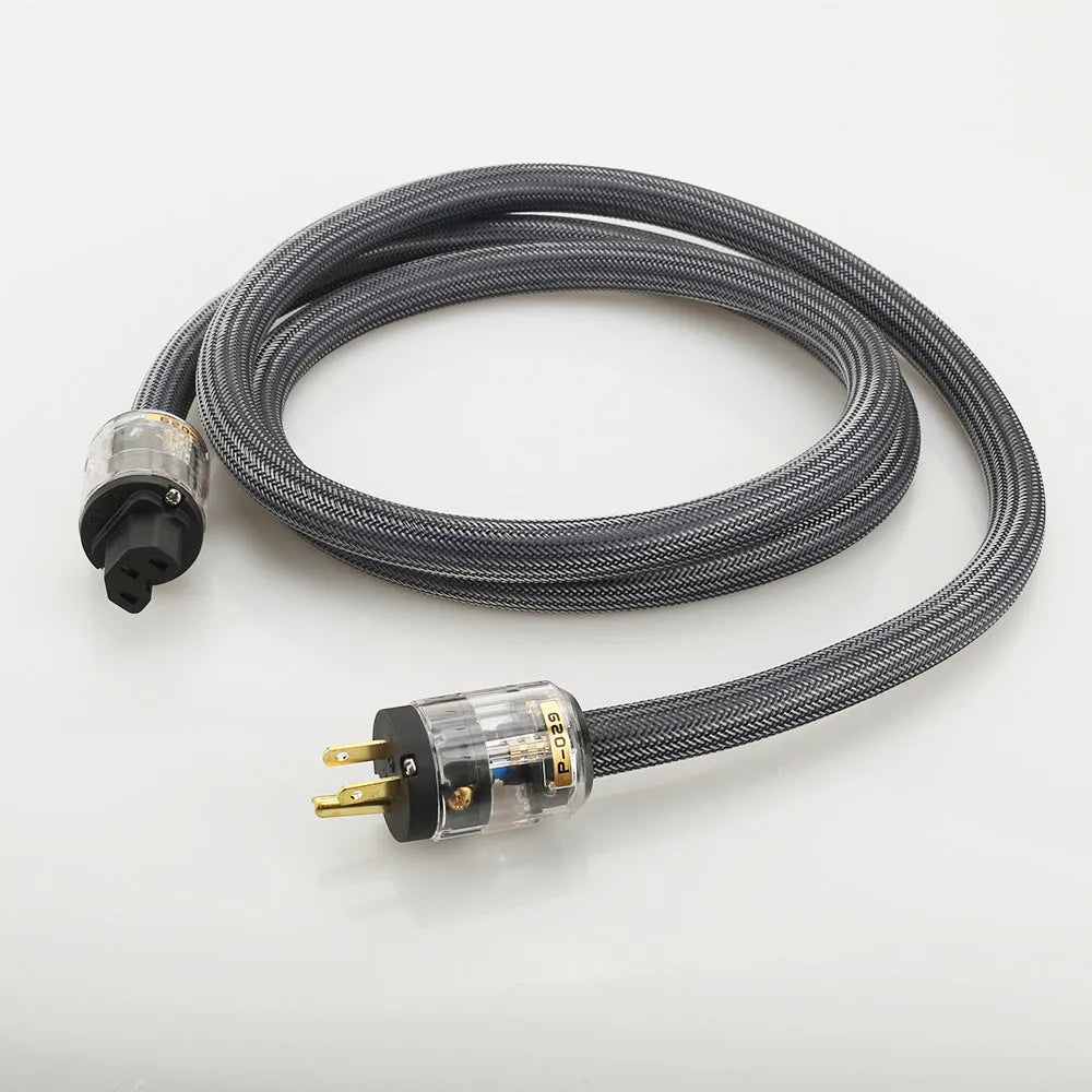 Hifi audio power cable with pure copper conductors showing EU and US plug options