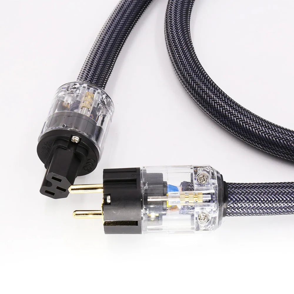 Hifi audio power cable with pure copper conductors showing EU and US plug options
