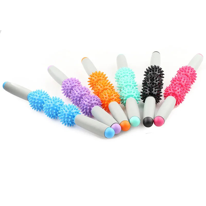 Anti cellulite massage stick with hedgehog balls and padded handles, 41cm or 51cm, in green blue red orange purple.