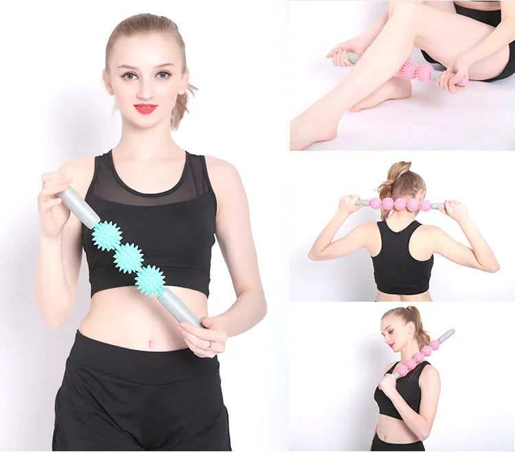 Anti cellulite massage stick with hedgehog balls and padded handles, 41cm or 51cm, in green blue red orange purple.