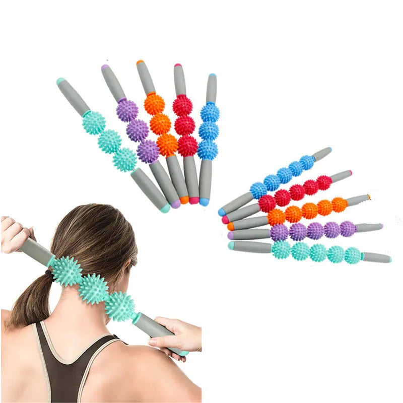 Anti cellulite massage stick with hedgehog balls and padded handles, 41cm or 51cm, in green blue red orange purple.
