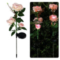 Outdoor solar garden light with three decorative rose heads on 80cm ground stake