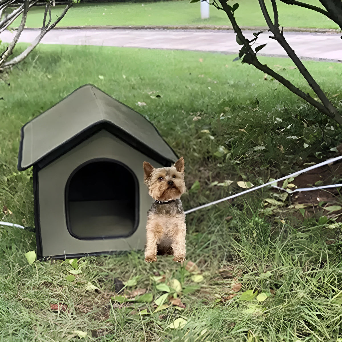 Grey medium waterproof foldable pet house with semi-enclosed cabin, windshield and removable mat