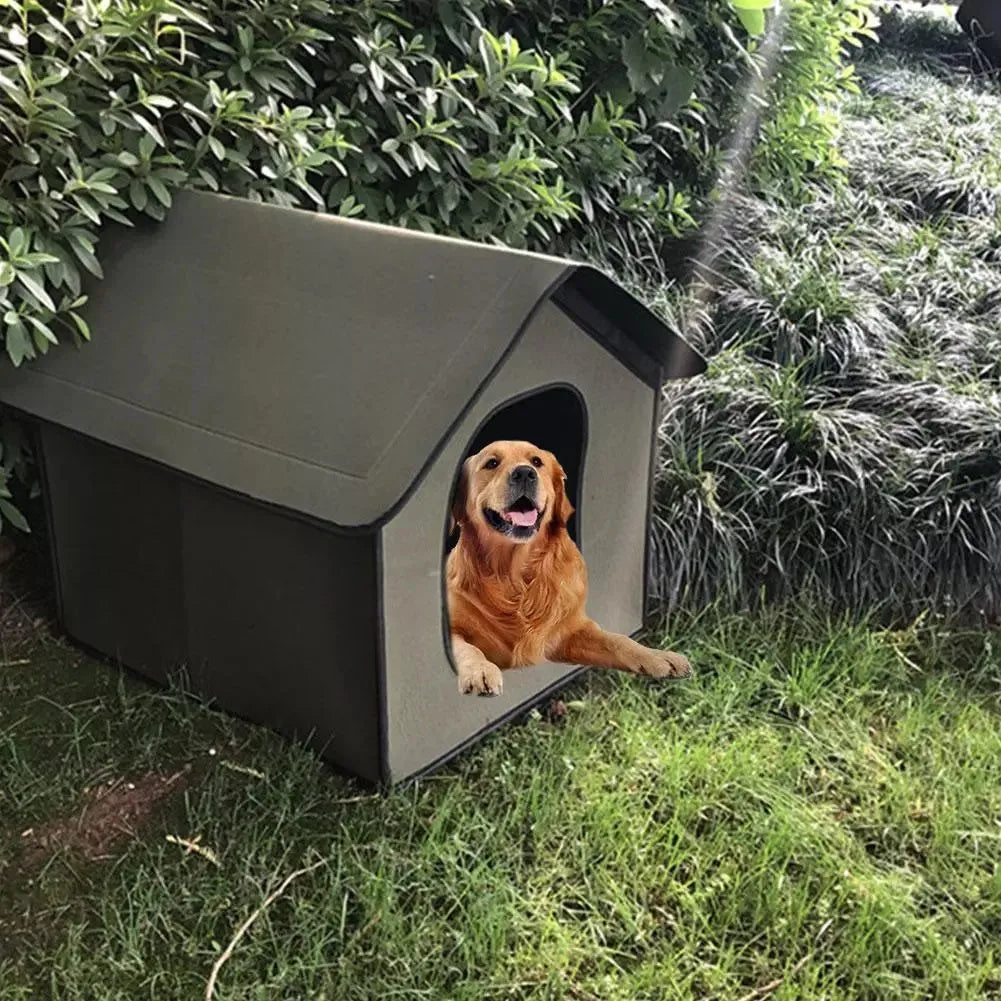 Grey medium waterproof foldable pet house with semi-enclosed cabin, windshield and removable mat