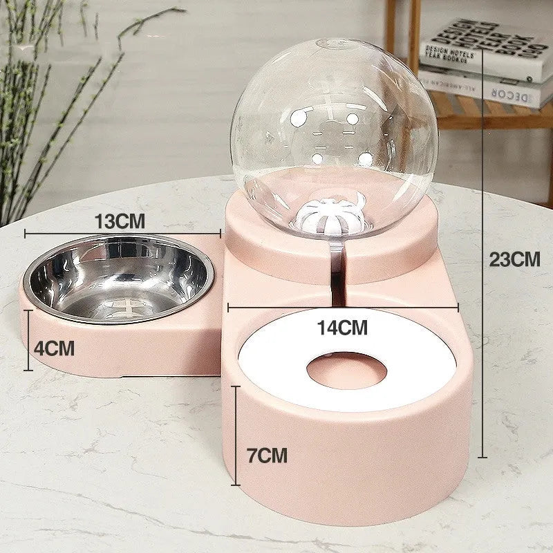 Double-layer pet feeding bowl with 1.8L automatic water dispenser in pink or blue, size L47 x W16 x H23cm