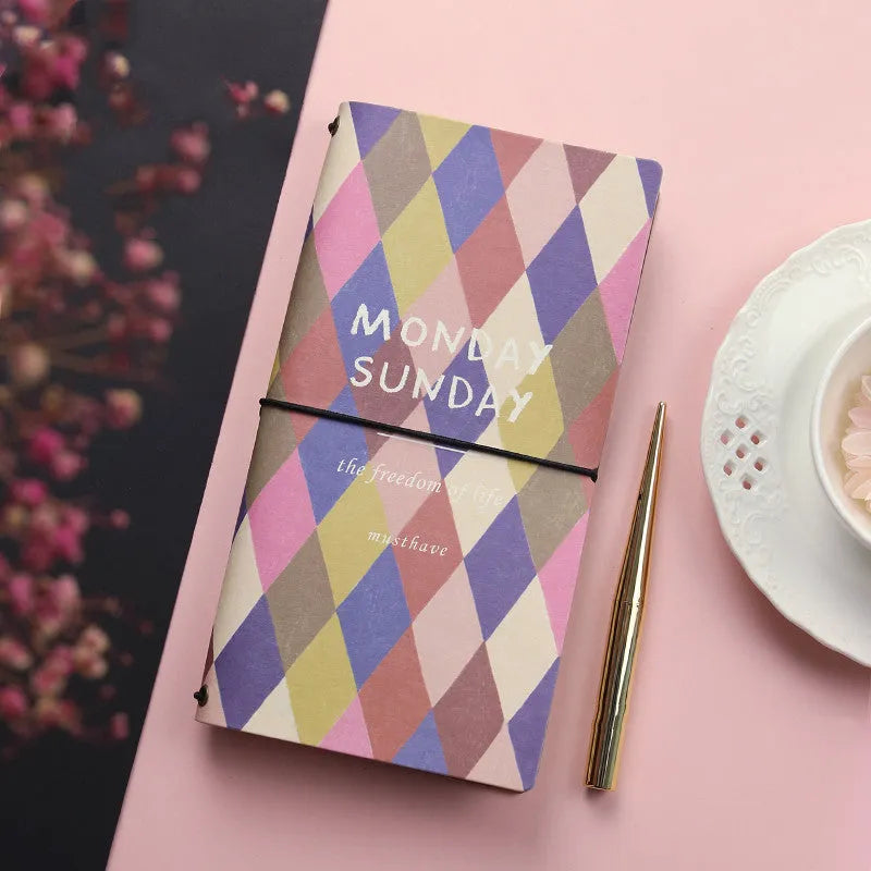 Simple soft cover TN hand book diary notebook open on a table.