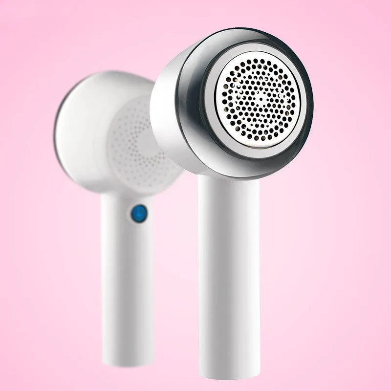 White rechargeable electric clothes shaver beater for removing fabric fuzz from jerseys.