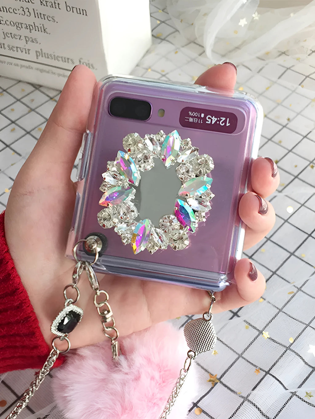 Samsung Galaxy Z Flip protective cover with diagonal diamond hair powder design for F7070 and F7000 models