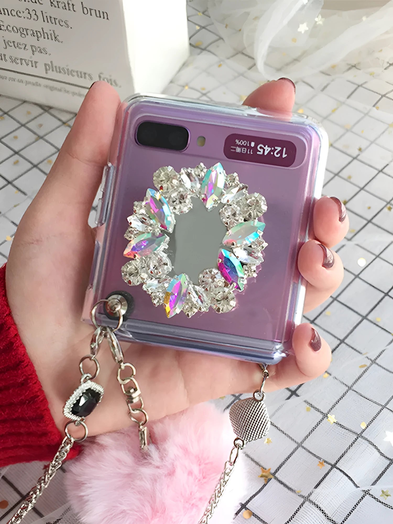 Samsung Galaxy Z Flip protective cover with diagonal diamond hair powder design for F7070 and F7000 models