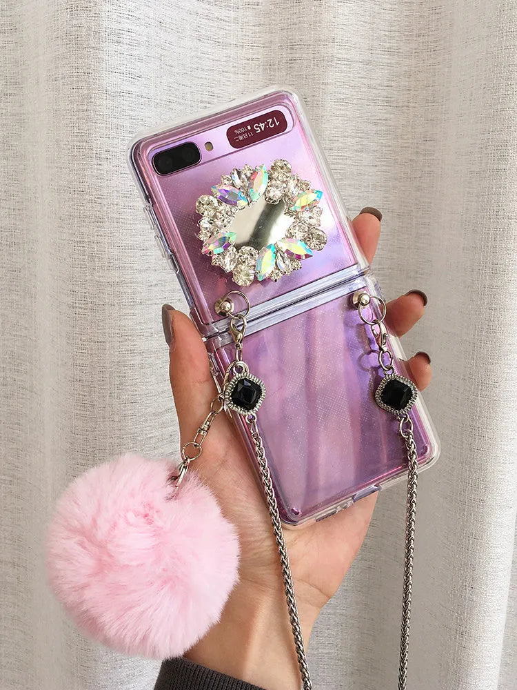 Samsung Galaxy Z Flip protective cover with diagonal diamond hair powder design for F7070 and F7000 models