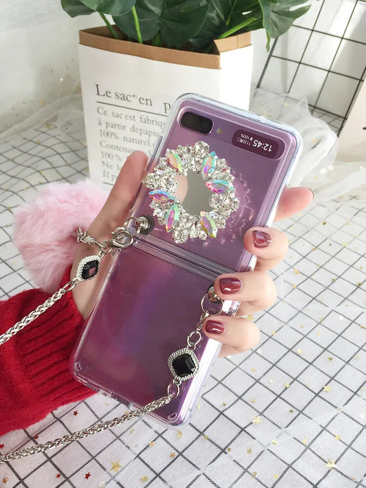 Samsung Galaxy Z Flip protective cover with diagonal diamond hair powder design for F7070 and F7000 models