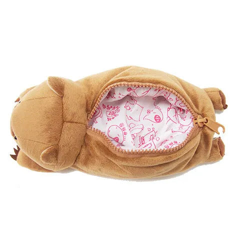 Brown plush pencil case with cartoon wombat design and zip closure for school stationery
