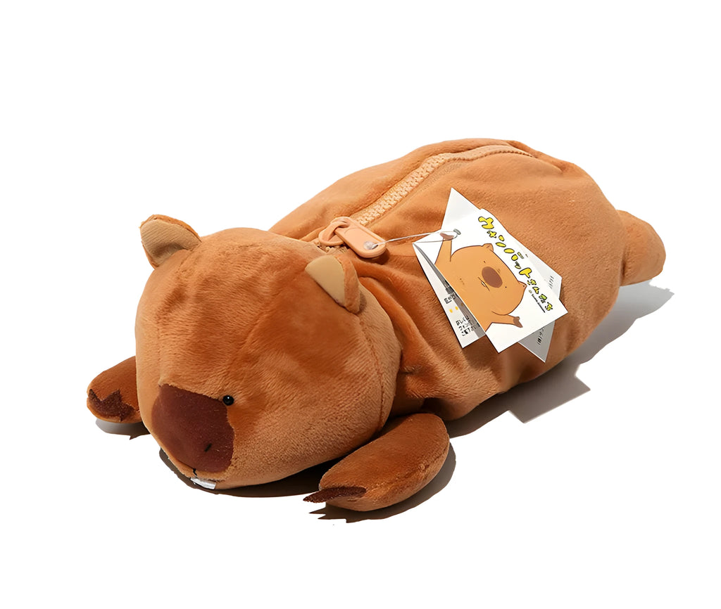 Brown plush pencil case with cartoon wombat design and zip closure for school stationery