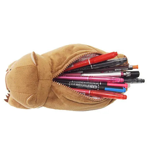 Brown plush pencil case with cartoon wombat design and zip closure for school stationery
