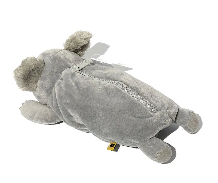 Brown plush pencil case with cartoon wombat design and zip closure for school stationery