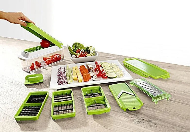 12-piece green vegetable chopper set with stainless steel blades and ABS plastic body, dimensions 30x15x12 cm