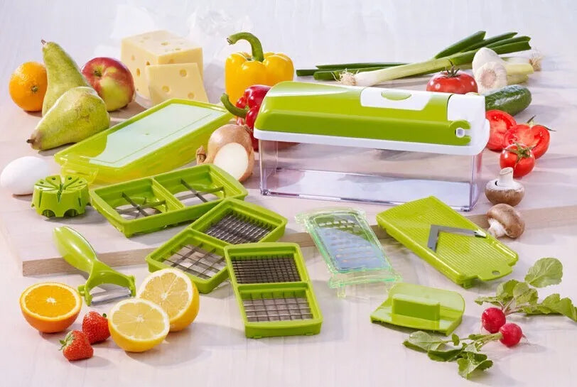 12-piece green vegetable chopper set with stainless steel blades and ABS plastic body, dimensions 30x15x12 cm