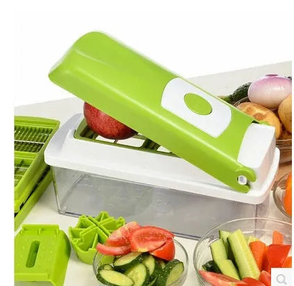 12-piece green vegetable chopper set with stainless steel blades on a kitchen counter
