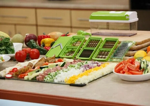 12-piece green vegetable chopper with stainless steel blades and ABS plastic body, 30x15x12cm dimensions