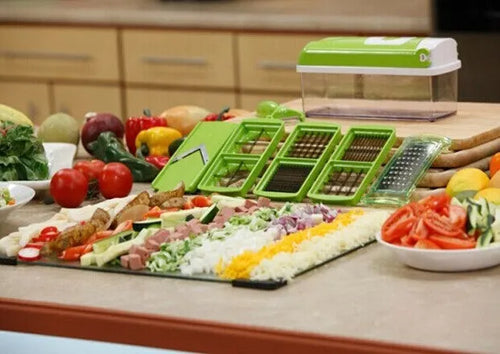12-piece green vegetable chopper set with stainless steel blades and ABS plastic body, dimensions 30x15x12 cm