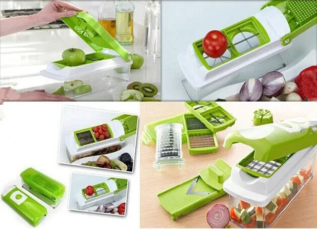 12-piece green vegetable chopper with stainless steel blades and ABS plastic body, 30x15x12cm dimensions