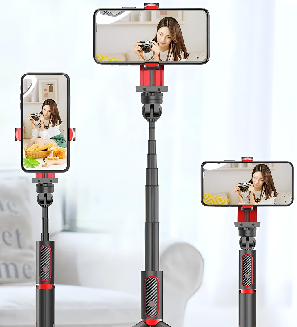 Black aluminium video balance stabiliser tripod extended with a smartphone secured in the adjustable clamp.