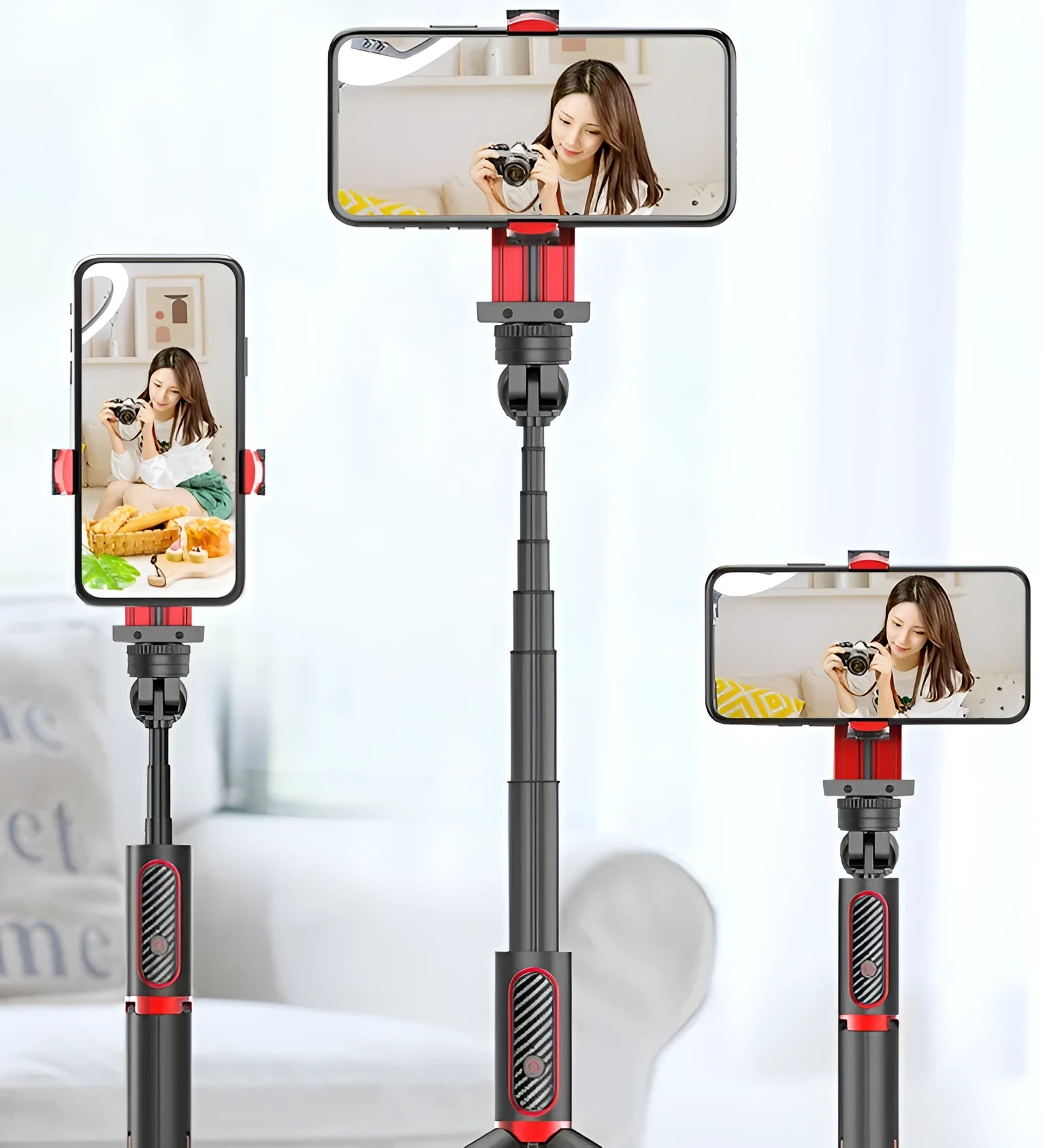 Black aluminium video balance stabiliser tripod extended with a smartphone secured in the adjustable clamp.