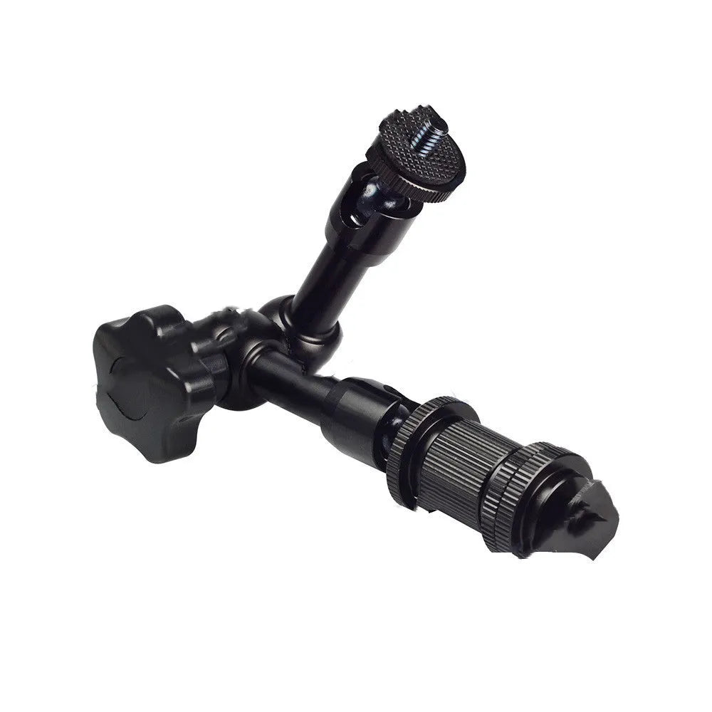 Black all-metal 7-inch magic friction articulating arm for DSLR cameras with ball heads and mounting clamp.