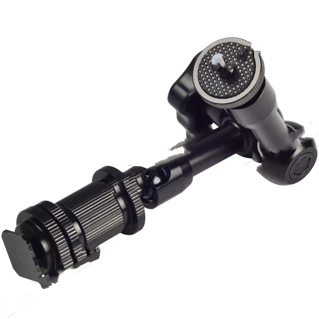 Black all-metal 7-inch magic friction articulating arm for DSLR cameras with ball heads and mounting clamp.