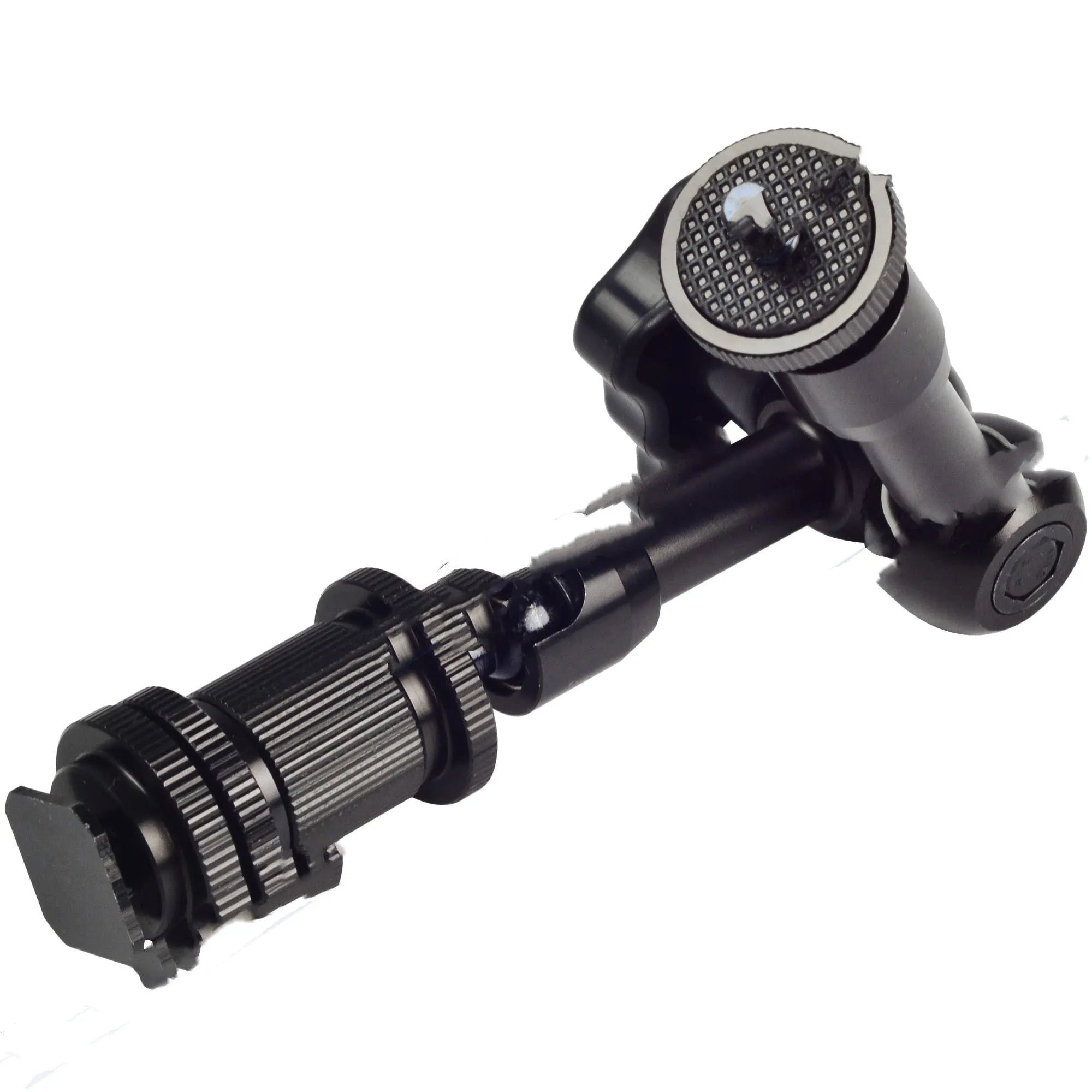 Black all-metal 7-inch magic friction articulating arm for DSLR cameras with ball heads and mounting clamp.