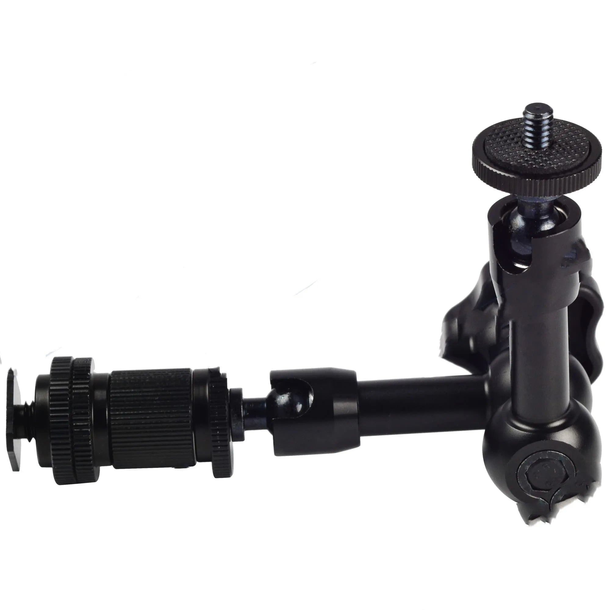 Black all-metal 7-inch magic friction articulating arm for DSLR cameras with ball heads and mounting clamp.