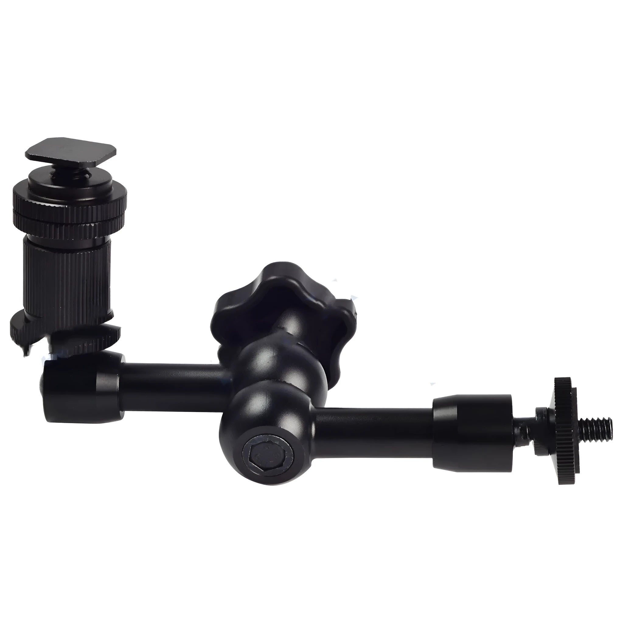Black all-metal 7-inch magic friction articulating arm for DSLR cameras with ball heads and mounting clamp.