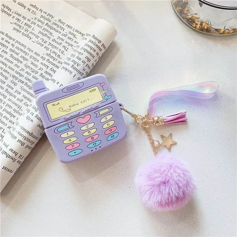 Purple silicone protective case for Apple AirPods with detachable fur ball pendant accessory
