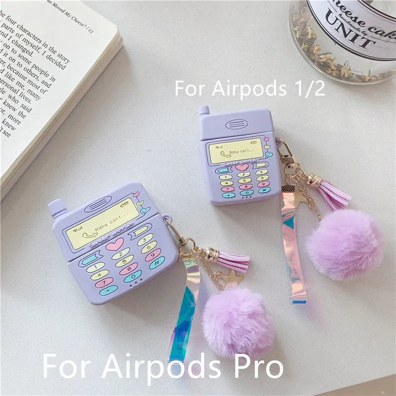 Purple silicone protective case for Apple AirPods with detachable fur ball pendant accessory