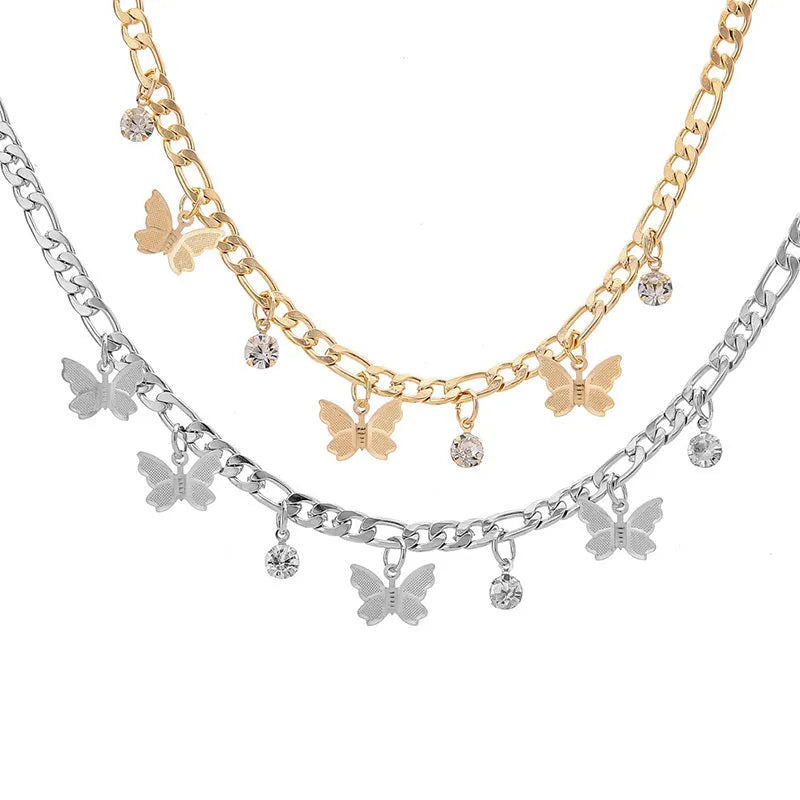 Unisex alloy butterfly necklace with 40cm chain, 5cm extension, gold or silver, 35g