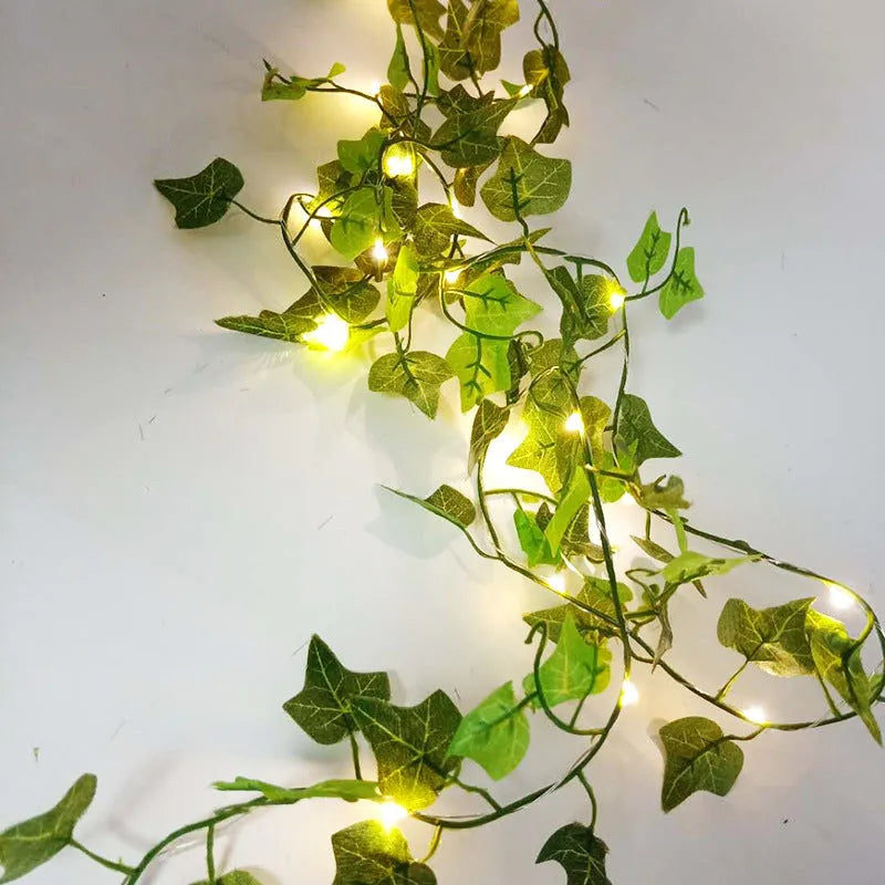 Maple leaf rattan light string, 10 metres, 100 warm white LEDs, copper wire, IP54, battery or USB powered