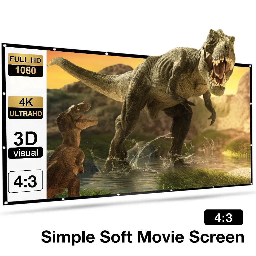 White polyester folding projection screen showing 150-inch 4:3 surface partially unfolded