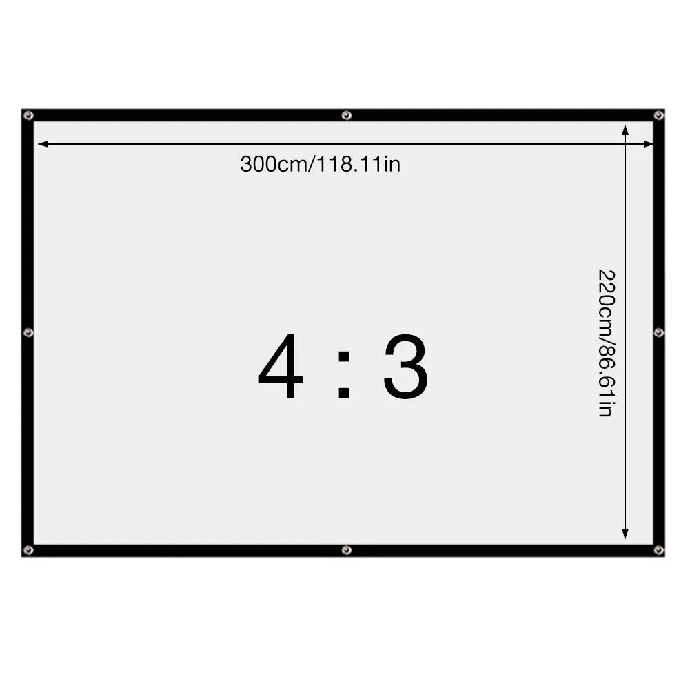 White polyester folding projection screen showing 150-inch 4:3 surface partially unfolded