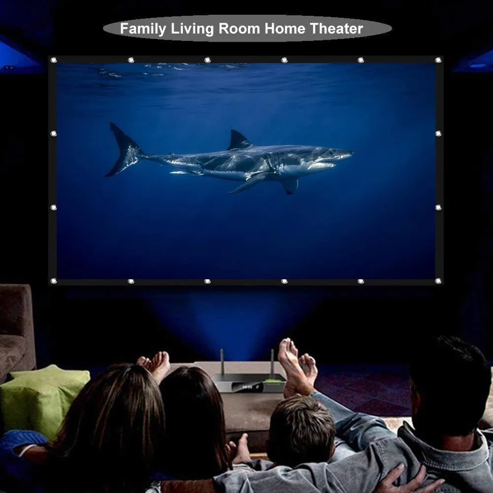 White polyester folding projection screen showing 150-inch 4:3 surface partially unfolded