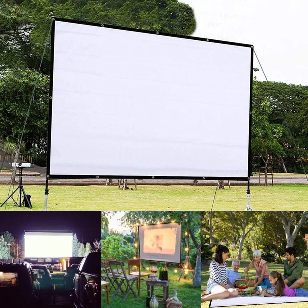 White polyester folding projection screen showing 150-inch 4:3 surface partially unfolded