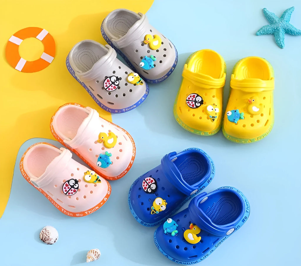 Cartoon patterned PVC toddler slippers in yellow, blue, pink colours for boys and girls