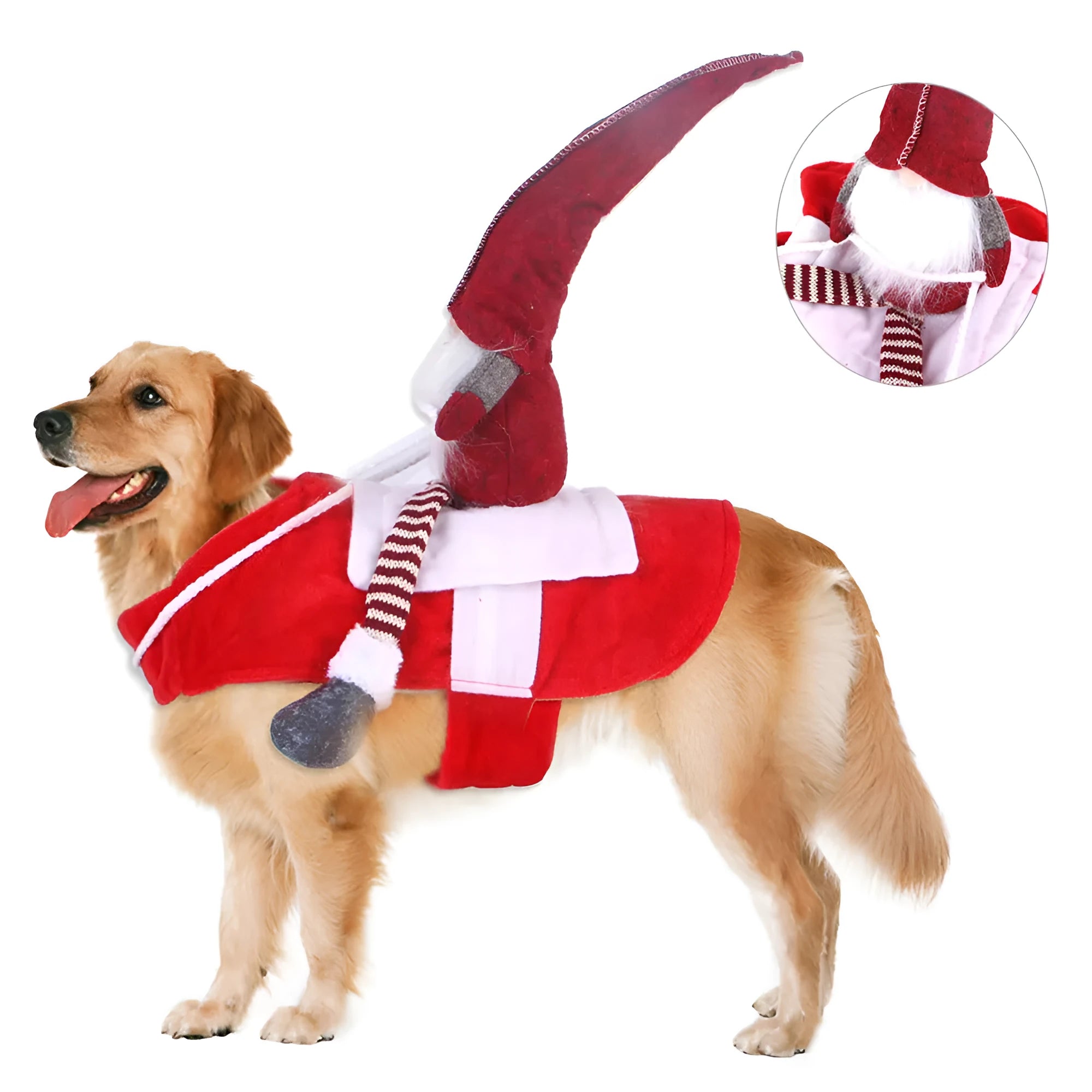 Red flannel Santa riding outfit costume for a dog or cat with Velcro straps.