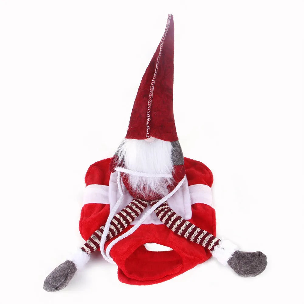 Red flannel Santa riding outfit costume for a dog or cat with Velcro straps.
