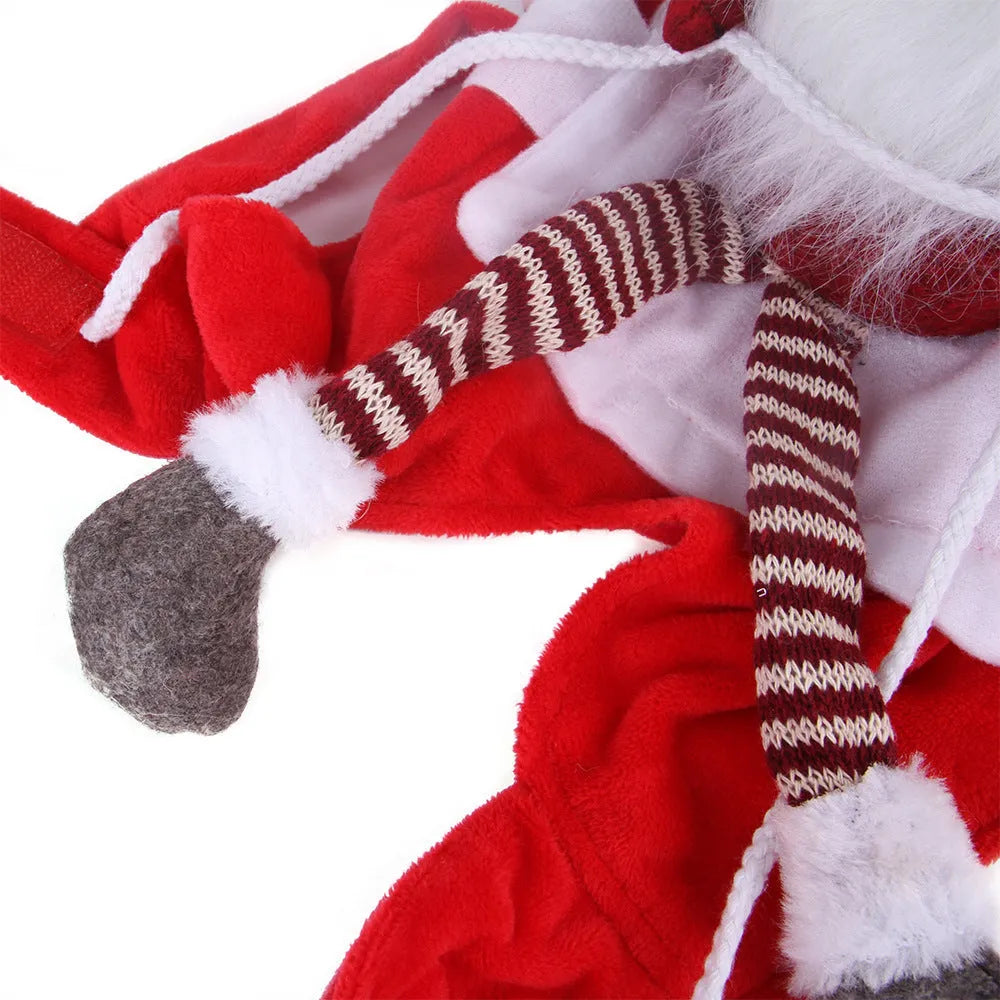 Red flannel Santa riding outfit costume for a dog or cat with Velcro straps.